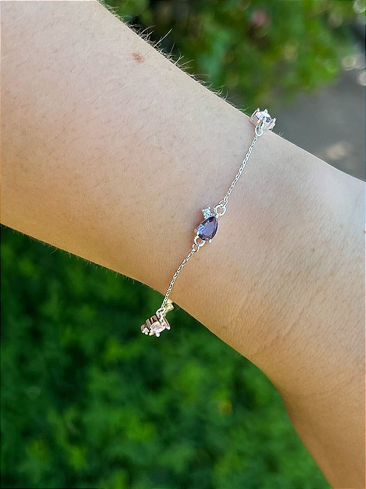 Pulseira com Cristais Coloridos Lilás e Rosa Claro