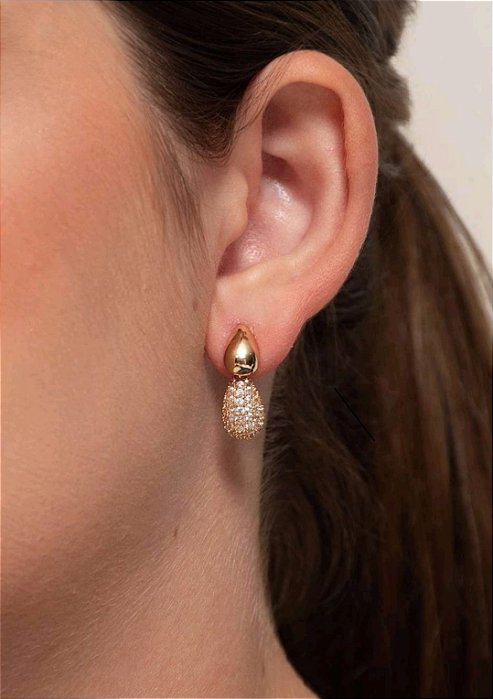 Brinco Gota Dupla Lisa e Cravejada