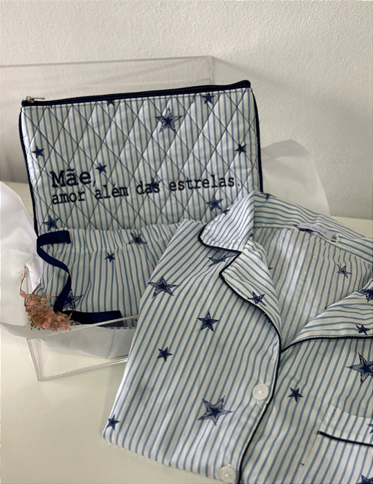 Dia das mães - Kit Pijama Estrelado Curto + Necessaire bordada