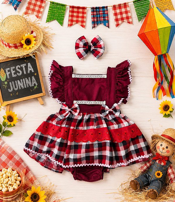 Jardineira Festa Junina com Renda e Babado