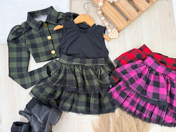 Conjunto Maira Xadrez Inverno 3 Peças Infantil body