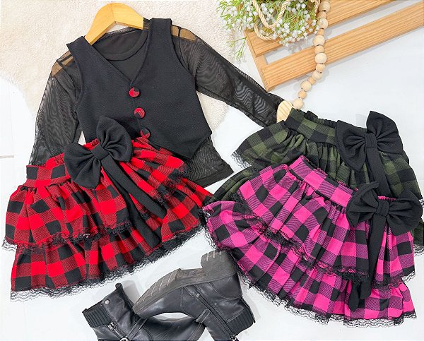 Conjunto Daniela Xadrez Inverno 3 peças Infantil com colete e blusa tule