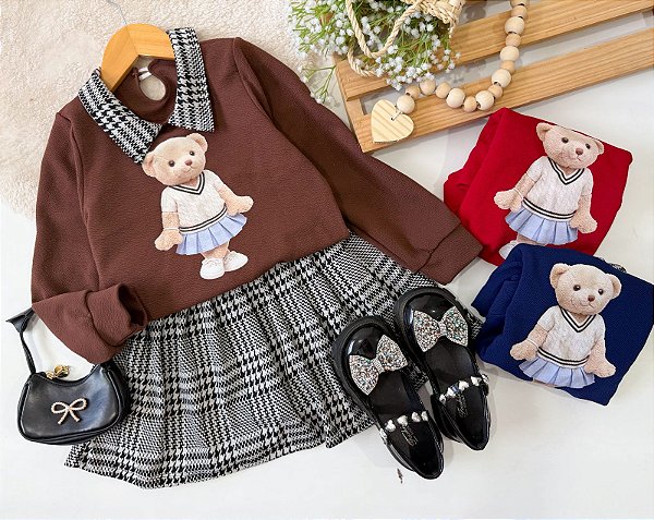 Conjunto Colegial Xadrez Ursinho nfantil