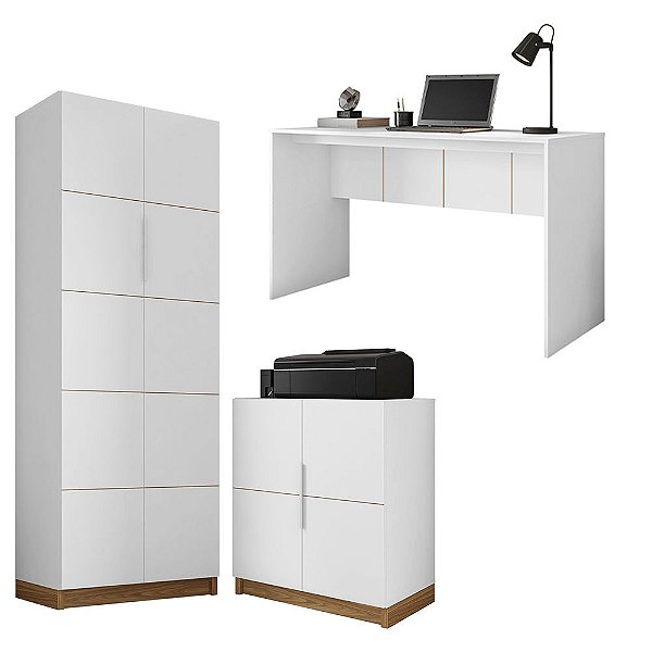 Kit Conjunto Armário Baixo E Alto Mesa Cubic Branco Caemmun