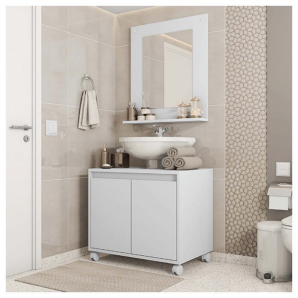 Kit Conjunto Gabinete Armario Banheiro Espelho Clean Branco