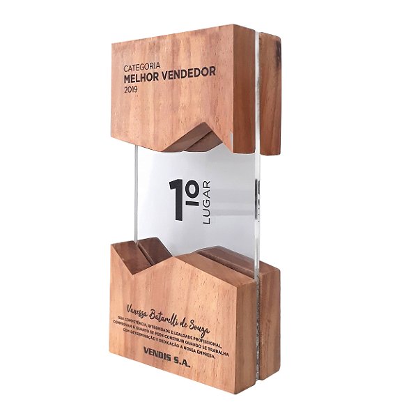 Código 1177 - Troféu acrílico e madeira nobre dupla para personalizar a impressão