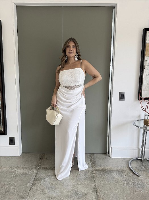 Vestido Longo Drapeado com Renda