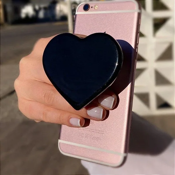 PopSocket em Pedra Natural Ágata Preta  de Coração
