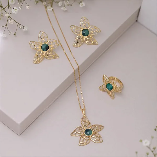 Conjunto Flor com Pedra Esmeralda