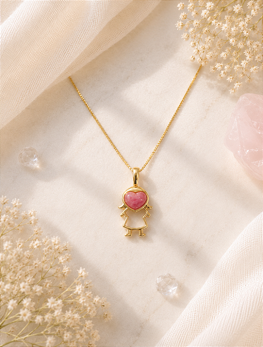Colar com Menina e Pedra Feldspato Rosa