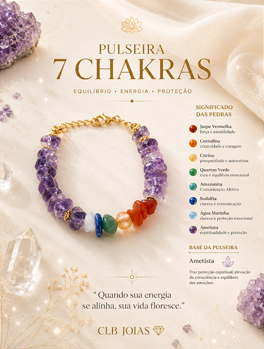 Pulseira 7 Chakras com Ametista Cascalho