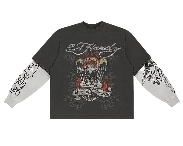 Camiseta Manga Longa "Death Before Dishonor" Ed Hardy x Matuê Cinza