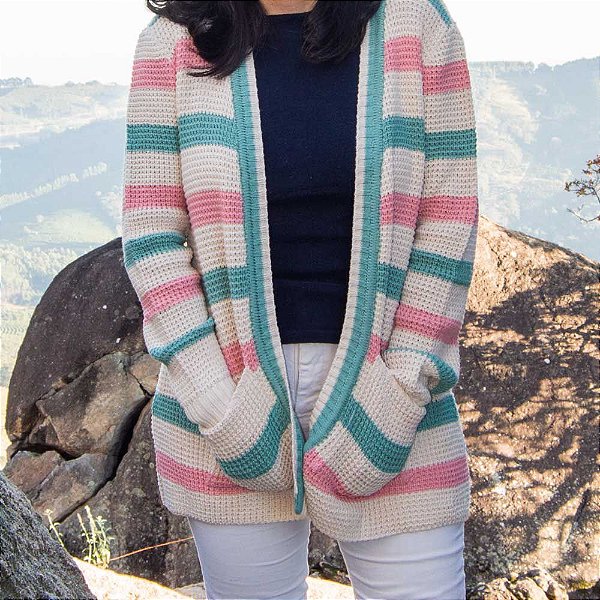 Cardigan Amplo de Tricot Listrado com Bolso Feminino