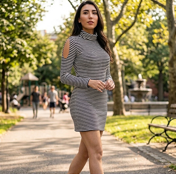Vestido Canelado de Tricot Listrado Gola Alta