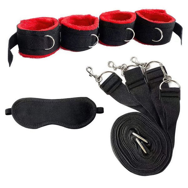 KIT BONDAGE RESISTENTE COM 4 AMARRAÇÕES E 1 VENDA EM PELÚCIA VERMELHO