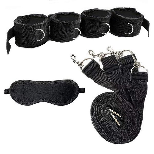 KIT BONDAGE RESISTENTE COM 4 AMARRAÇÕES E 1 VENDA EM PELÚCIA PRETO