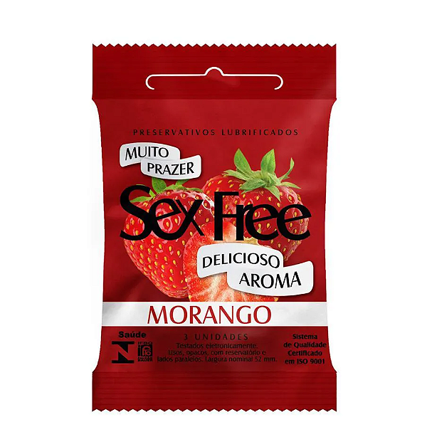PRESERVATIVOS LUBRIFICADOS SEX FREE MORANGO 3 UNIDADES