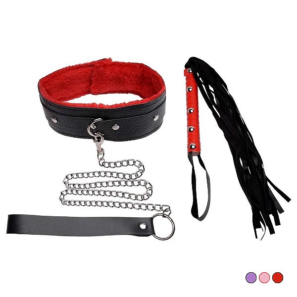 KIT LUXUOSO COLEIRA COM GUIA E CHICOTE BONDAGE SI CORES