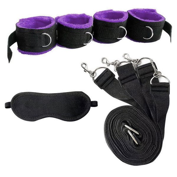 KIT BONDAGE RESISTENTE COM 4 AMARRAÇÕES E 1 VENDA EM PELÚCIA ROXO