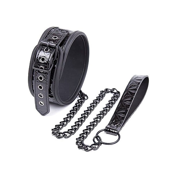 COLEIRA LUXUOSA EM VINIL ALTO-RELEVO BRILHANTE COM CORRENTE E GUIA