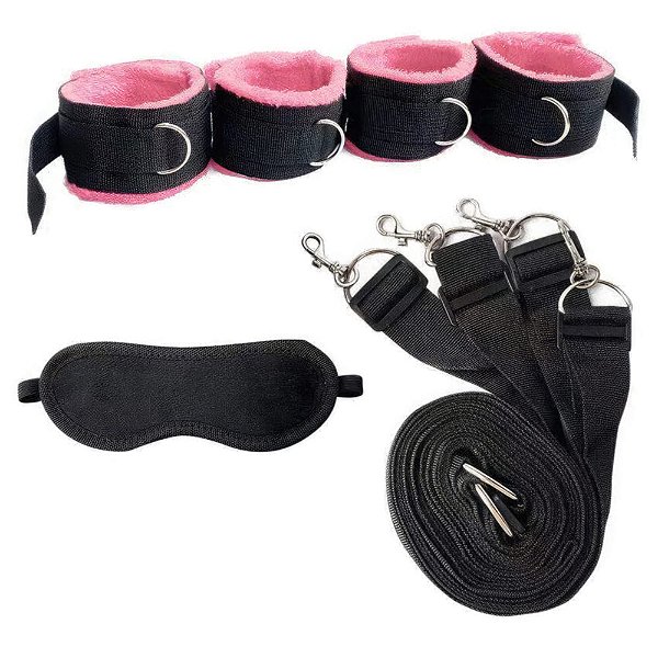 KIT BONDAGE RESISTENTE COM 4 AMARRAÇÕES E 1 VENDA EM PELÚCIA ROSA