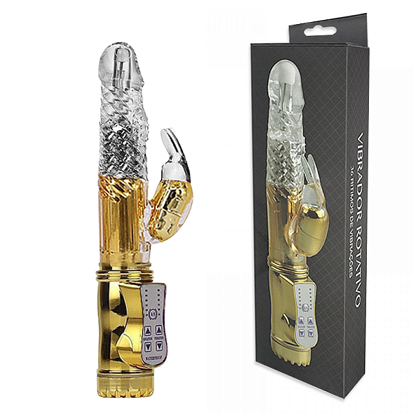VIBRADOR RECARREGÁVEL ROTATIVO COM 36 FUNÇÕES VIBRATÓRIAS E CONTROLE DE ROTAÇÕES RABBIT DOURADO
