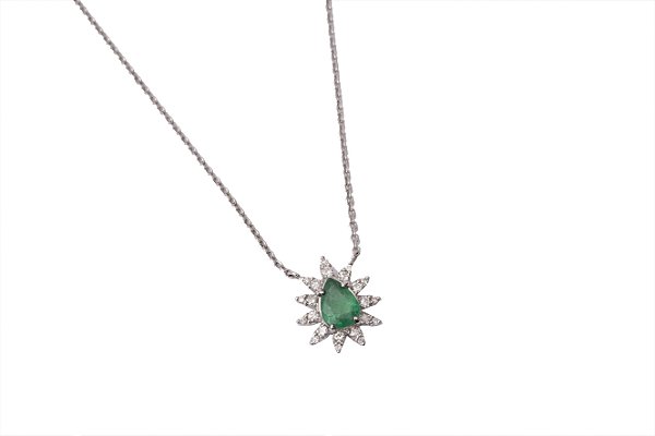 Gargantilha ouro branco com diamantes e esmeralda
