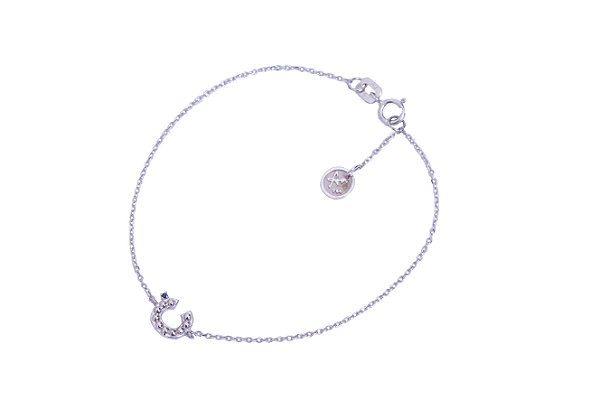 Pulseira ouro branco inical "C"  com safira. 18cm