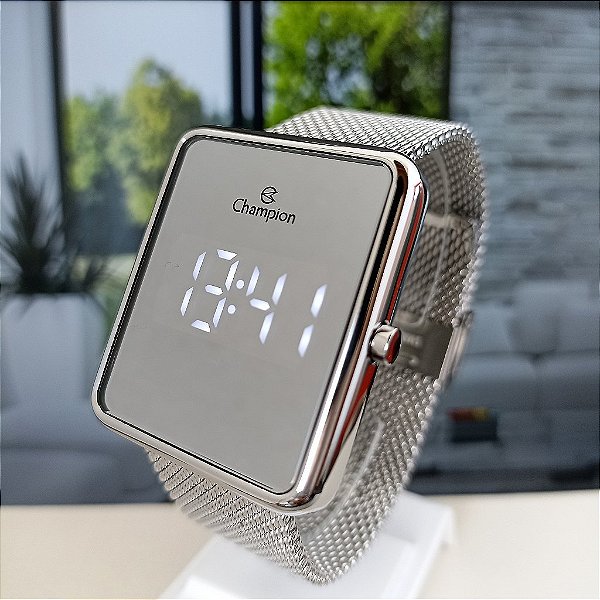 Relogio Champion Quadrado Prata Espelhado Led Ch40080s