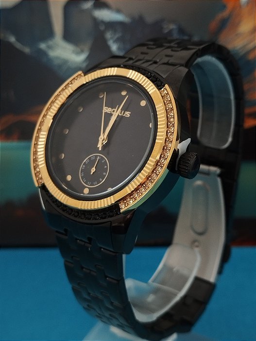 RELÓGIO FEMININO SECULUS PULSEIRA DE AÇO PRETA FUNDO PRETO 24744LPSVPA3