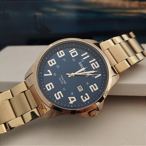 Relógio Dourado Masculino Seculus 44042GPSVDA2
