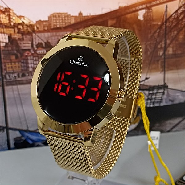 Relógio Champion Feminino Dourado Digital Led Vermelho CH40106H