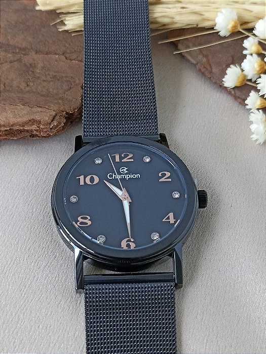 RELÓGIO CHAMPION FEMININO PRETO PULSEIRA ESTEIRA  CN29034M