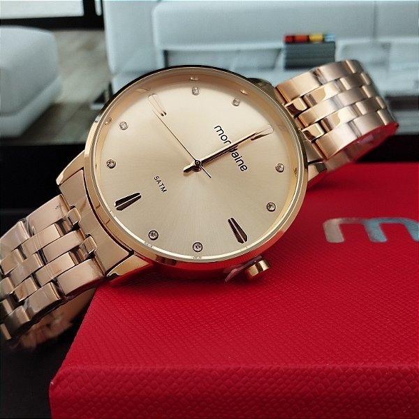 RELÓGIO MONDAINE FEMININO DOURADO CLÁSSICO COM CRISTAIS Á PROVA D'ÁGUA 32598LPMKDE1