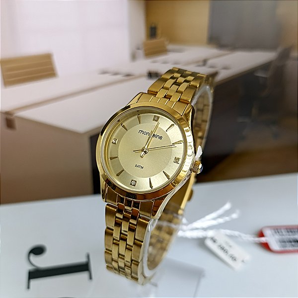 RELÓGIO MONDAINE FEMININO DOURADO PEQUENO COM CRISTAIS Á PROVA D'ÁGUA 32607LPMKDE1