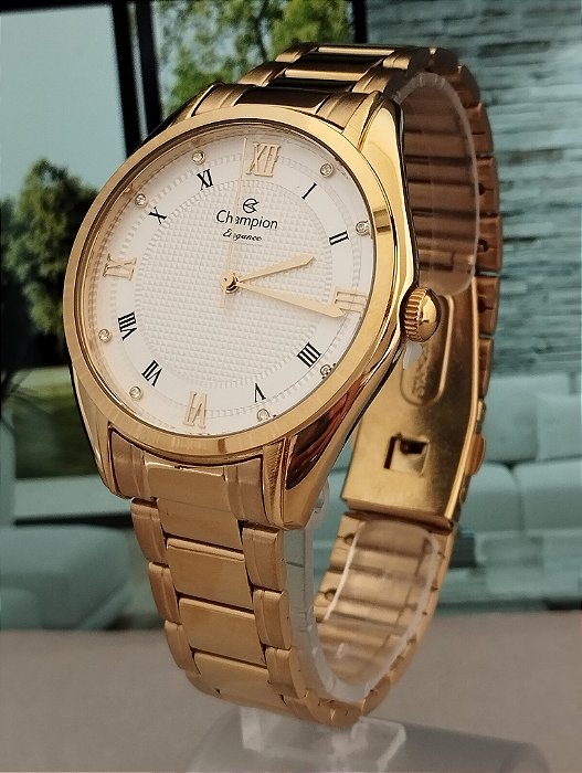 Relógio Champion Dourado Feminino com Números Romanos e Pedra - CN25949H
