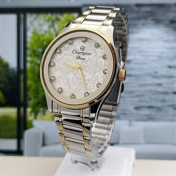 Relogio Champion Feminino Dourado Com Pedras CN27410B