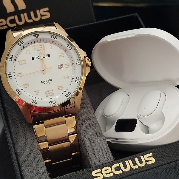 Kit Relógio Masculino Aço Calendário Dourado 20802GPSVDA1k5