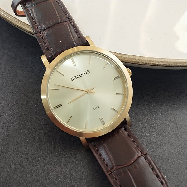 Relógio Masculino Semi Slim Couro Dourado - 44255GPS-VDC2