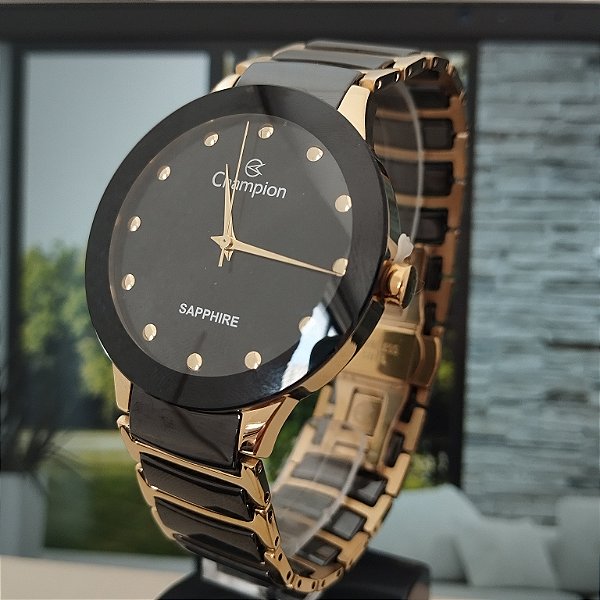 Relogio Feminino Champion Ceramica Preto com Dourado Luxo Vidro Safira Original CA21866U