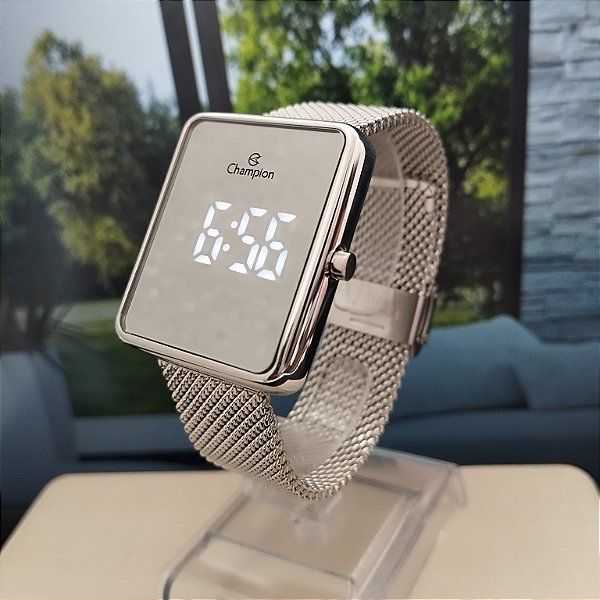 Mini Relogio Champion Quadrado Prata Espelhado - CH48180Q