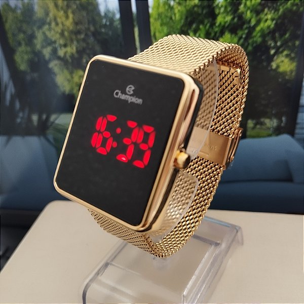 Mini Relógio Champion Digital Quadrado Feminino Dourado - CH48180V