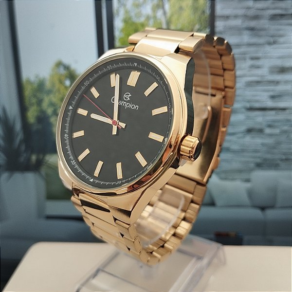 Relógio Masculino Dourado Preto Aço Inoxidável Luxo Champion CH30279U