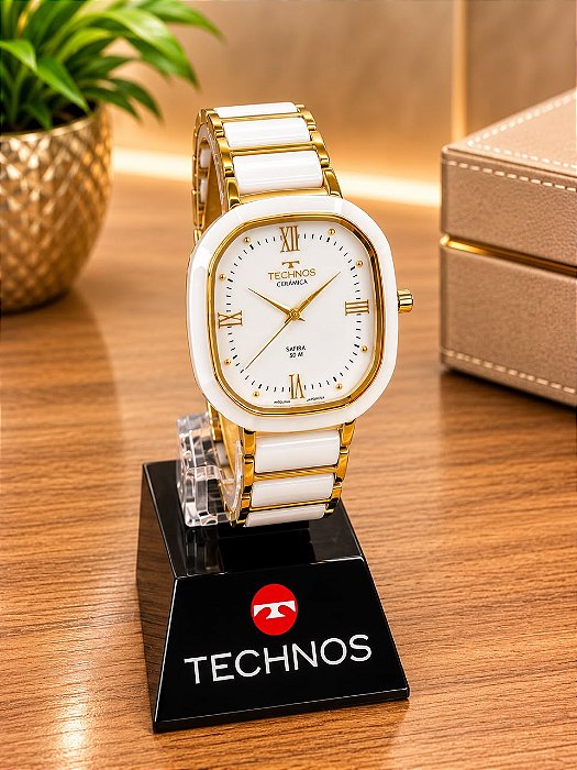 Relogio feminino Technos cerânmica branco com dourado 2035NDW/1B