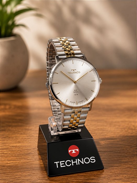 Relogio masculino Technos prata com dourado SLIM 2025LUJ/1K