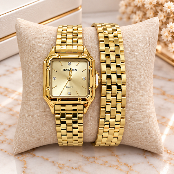 Relógio Feminino Analógico Dourado Mondaine Pulseira Transversal - 32983LPMVDE1