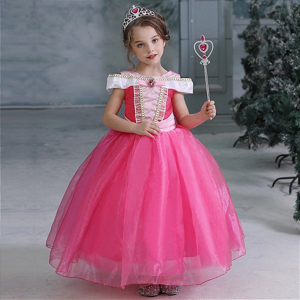 Vestido Princesa Infantil Longo Rosa Menina Criança + Tiara - Mabelly Shop