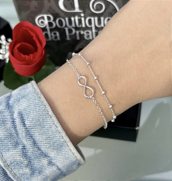 Pulseira de Prata Dupla Infinito/Bolinha