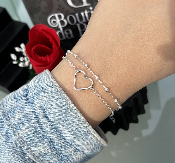 Pulseira de Prata Dupla Coração/Bolinhas