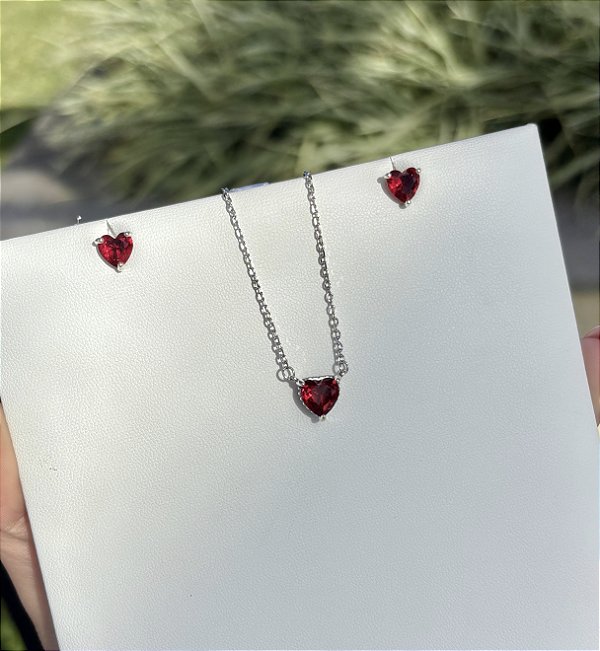 Conjunto de Prata Coração Vermelho